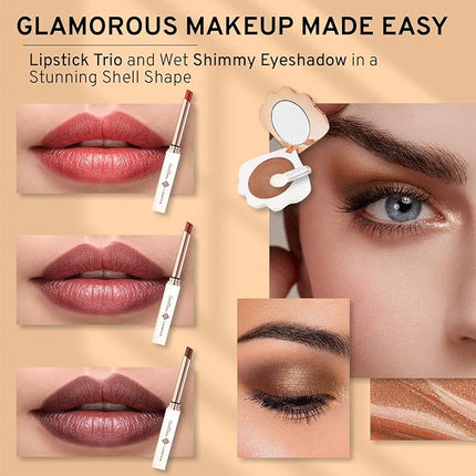 Makeup Kit for Teens - All in One Shell Makeup Kit with Compact BB Cream Powder, Eyeshadow Palette with Brown Shades, Eye Shadow Brush, Mascara, 3 Lipsticks, Necklace - Make Up Gift Set Box