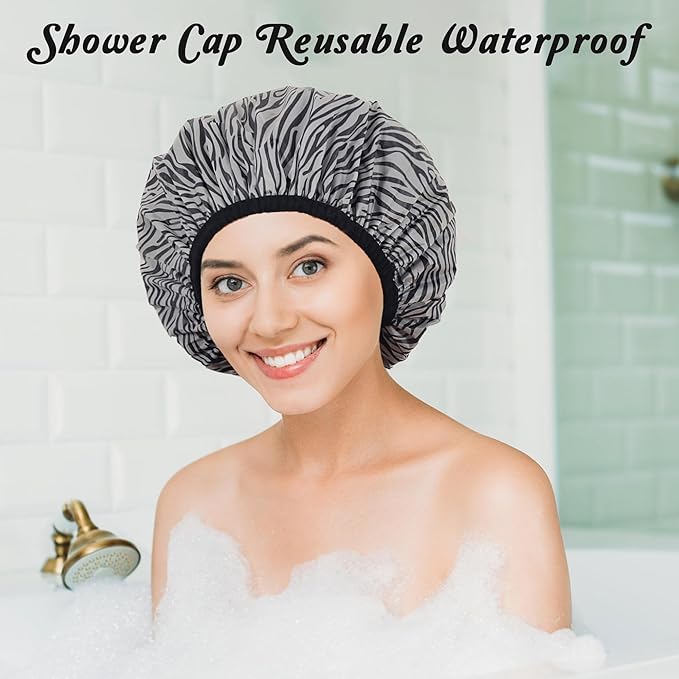 Shower Cap for Women, Shower Caps for Women Reusable Waterproof, Satin Lined Shower Cap, Hair Cap for Shower, Large Plastic Double Layers Bath Caps for Curly Hair Braids