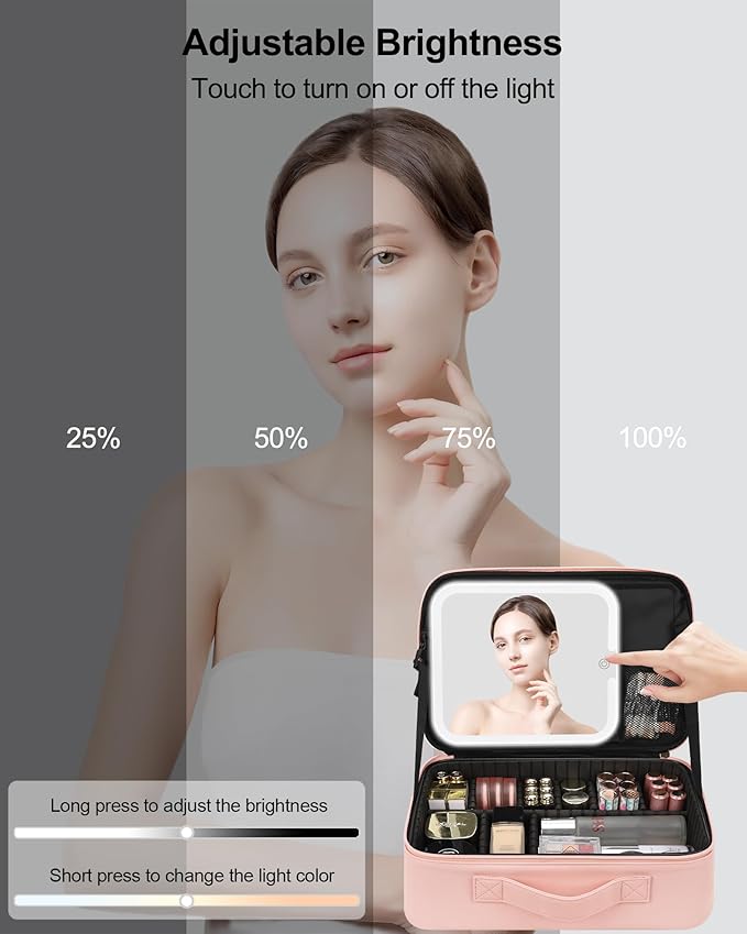 Chomeiu Makeup Bag with LED Mirror, Travel Cosmetic Train Case for Women, Makeup Artists Large Organizer Box with Vanity Light Up Mirror, 3 Color Lights, Adjustable Dividers & Shoulder Strap (Black)