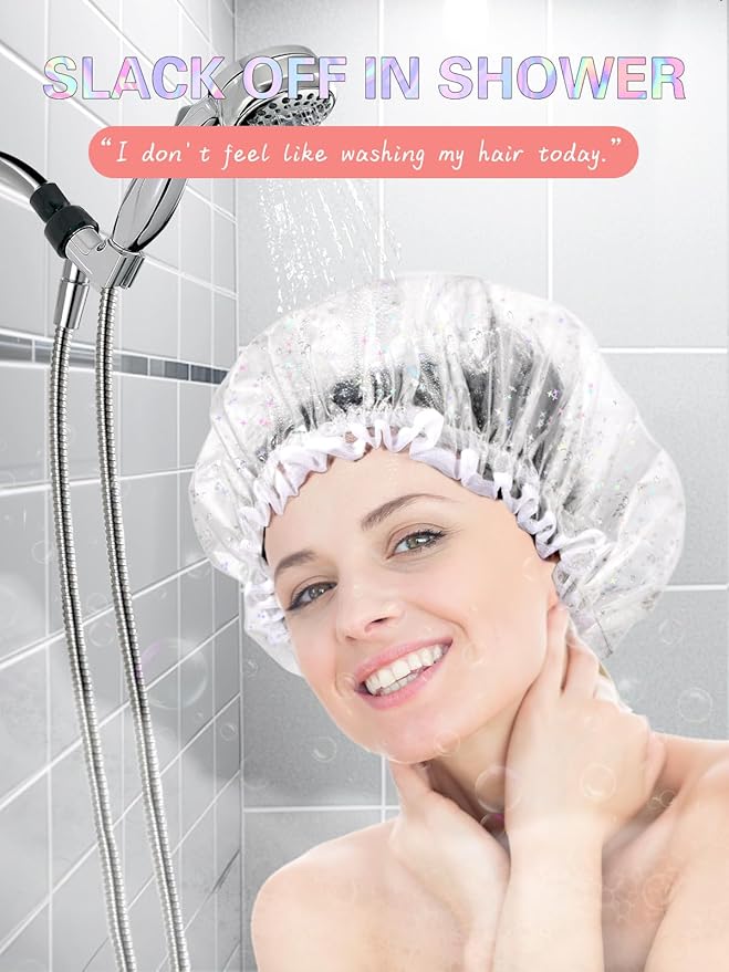 Auban Luxury Shower Cap Reusable Waterproof for Women Sequin Lined Hair Cap for Shower Plastic Cap for Long Hair Large Double Layer Bath Cap Travel Essential & Cleaning Supplies