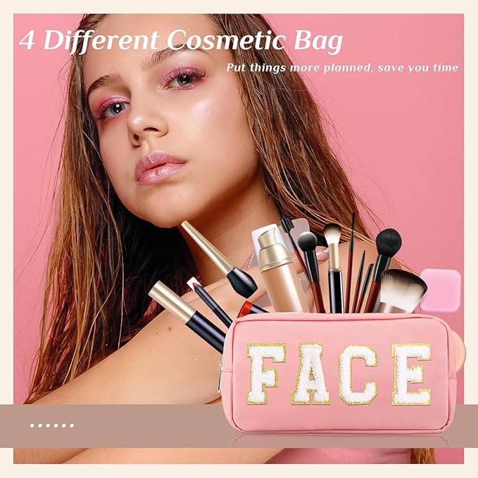 Cunno 4 Pcs Preppy Makeup Bags Chenille Letter Stuff Bag Nylon Cosmetic Pouch Cases with Zipper for Women Travel Toiletry