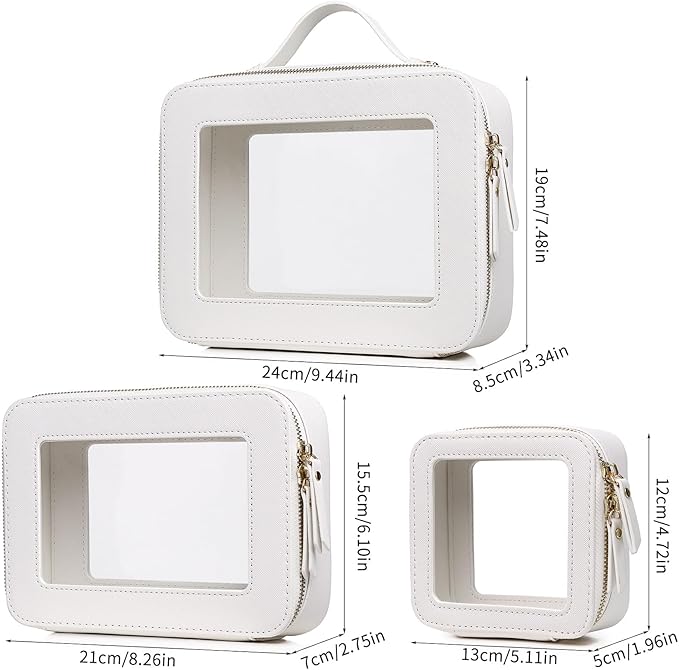 Pinkmik Clear Makeup Bag Waterproof Travel Case for Cosmetics and Toiletries Women's Purse Organizer and Clear Car Bag with Zipper (White, L+M+MINI)