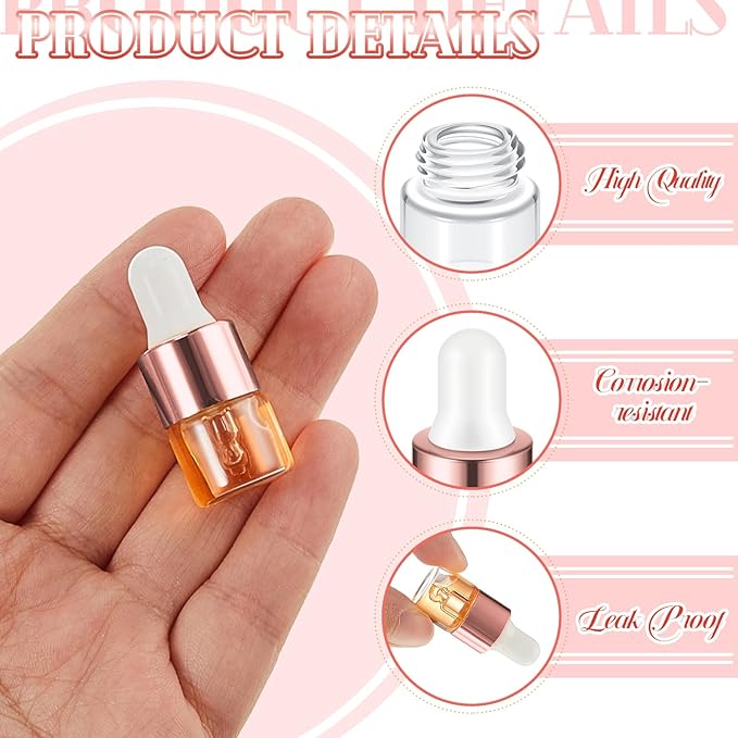 100 Pcs Mini Glass Oil Dropper Bottle Bulk, Clear Essential Small Empty Bottles Sample Containers Perfume Liquid Vials with Cap for Traveling (1 ml,Rose Gold)
