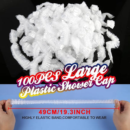 LEOBRO 100PCS Disposable Shower Caps, Large Shower Caps for Women Disposable, Clear Plastic Shower Cap, Plastic Hair Caps for Hair Treatment, Large Size 19.3 INCH