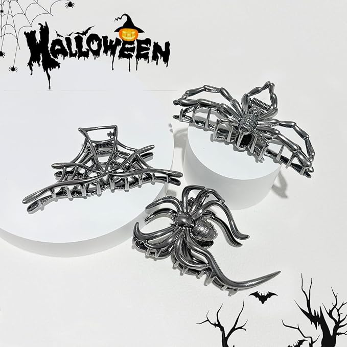 3 Pieces Large Metal Spider Net Hand Hair Claw Clips for Women and Girls Thick Long Hair, Nonslip Skeleton Spooky Barrette Headband Hair Styling Accessories for Halloween Christmas Gifts