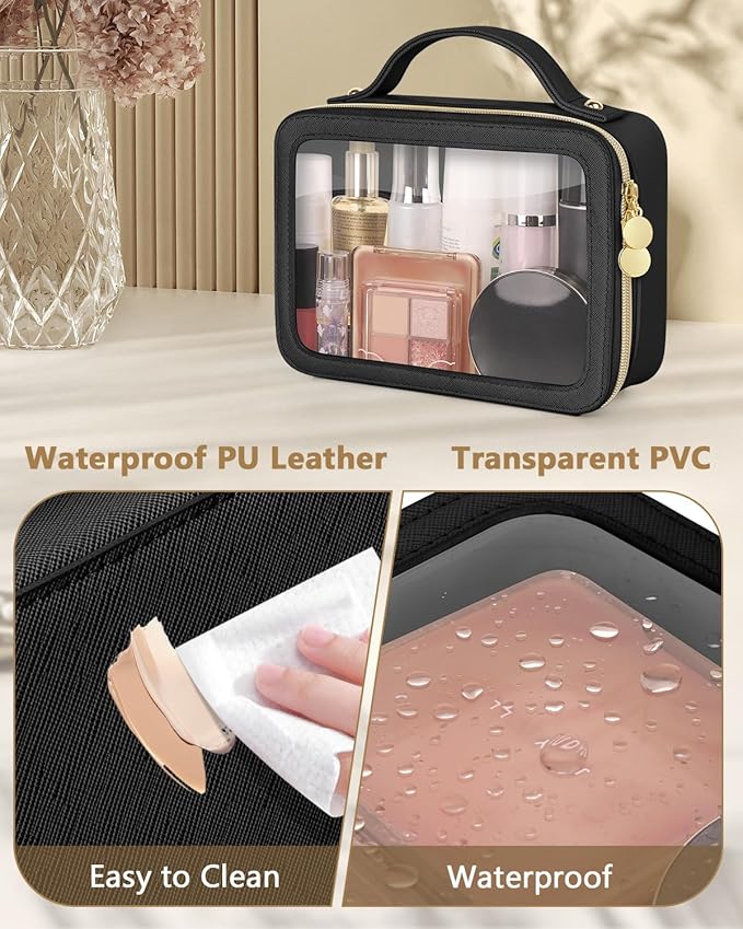 Clear Makeup Bag, Portable Travel Cosmetic Bags, Multipurpose Leather Toiletry Bag with Zipper, Waterproof Transparent Cosmetic Organizer for Women, Medium, Black