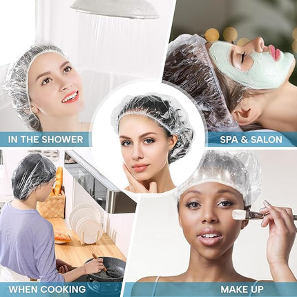 YIZIJIZI 100PCS Disposable Shower Caps, Large Thick Clear Waterproof Shower Cap for Women, large Size 20.5", Home Use, Spa, Hotel and Hair Salon, Clear Shower Caps for Travel