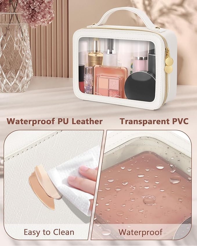 Clear Makeup Bag, Portable Travel Cosmetic Bags, Multipurpose Leather Toiletry Bag with Zipper, Waterproof Transparent Cosmetic Organizer for Women, Medium, Beige