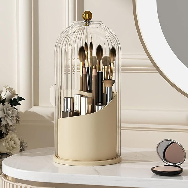 Makeup Brush Holder with Lid 360 Rotating Clear Dustproof Make Up Organizers for Vanity Bathroom Countertop, White Beige