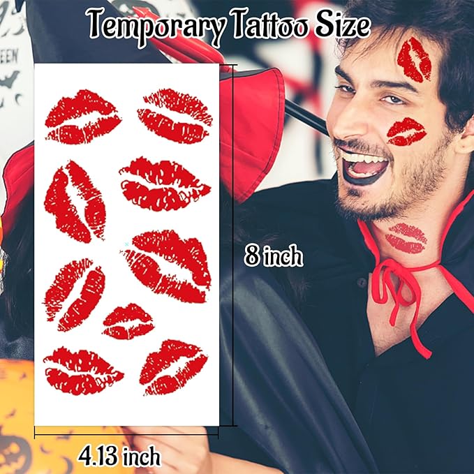 Red Lip Temporary Tattoo 10 Sheets, Lip Print Stickers Self Adhesive, Face Body Waterproof Bright Color Kisses Sticker, Costume Accessories Birthday Party Decorations