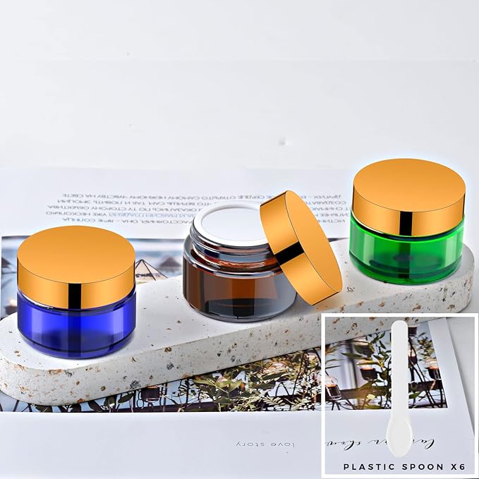 1 Oz Cobalt Blue Round Glass Jars with Gold Lid, Empty Glass Containers with Inner Liners, Refillable Cosmetic Vials for Cream, Lotion, Ointment (12 PCS)