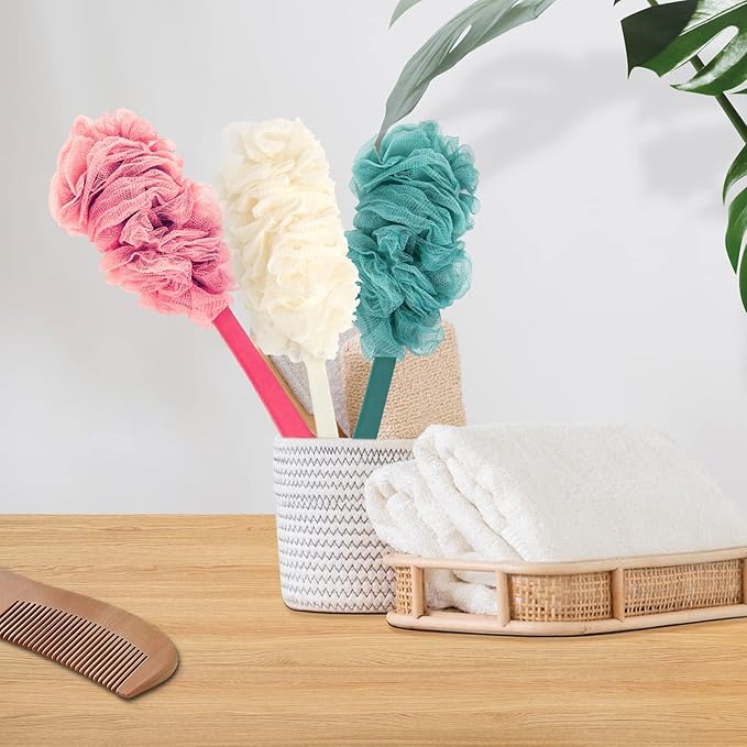 Back Scrubber for Shower, Qewro Loofah on a Stick as Shower Brush Exfoliating Body with Long Handle, Loofah Sponge Mens Loofah Bathing Accessories for Women (2Pack Blue) (4Pack Blue and Pink)