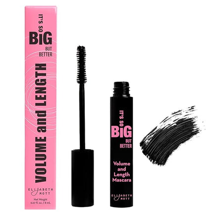 Elizabeth Mott Black Volumizing Mascara – Smudge-Proof, Lengthening Fiber Formula, Hourglass Wand – Clump-Free, Water-Resistant & Cruelty-Free – Safe for Lash Extensions, Long-Lasting, Full-Size 8ml