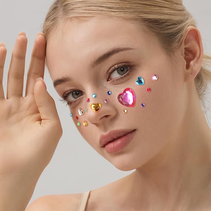Teenitor Face Gems for Makeup, Self Adhesive Festival Jewels, Hair Gems, 4 Sheets Rhinestone Stickers for Face, Eye, Makeup, Body