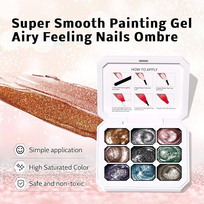 Sponge Pat Paint Nail Gel, 9 Colors Ombre Nails Gradient Gel Nail Blush Blooming Aura Nails Drawing Stripper Floral Painting Nail Art, No Wipe, UV/LED Curing (9 Colors K)