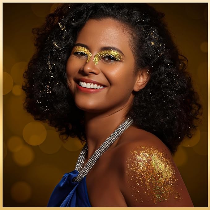 Teenitor Face Glitter Body Glitter, Gold Body Glitter Gel, Hair Glitter Gel, 6 Shapes Rave Glitter, Festival Makeup Glitters Gel, Chunky Sparkling Glitter Gel for Face, Body, Hair