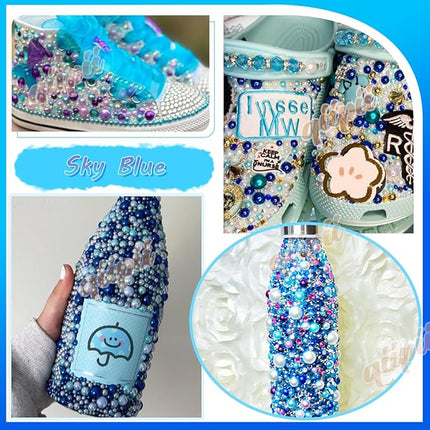 qiipii 2 Styles Solid Blue+Royal Blue AB Flatback Pearls w B7000 Glue for Bedazzling Crafting 3mm-10mm Half Round Beads Gems Bedazzler Kit for Nails Face Eyes Makeup Tumblers Bottles DIY Crafts Shoes