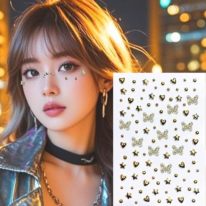 Fake Metallic Eye Corners Face Jewels Silver Gold Butterfly Face Gems Tattoo Decorations Body Glitter Crystal Sticker Temporary Tattoo, 2-Pack