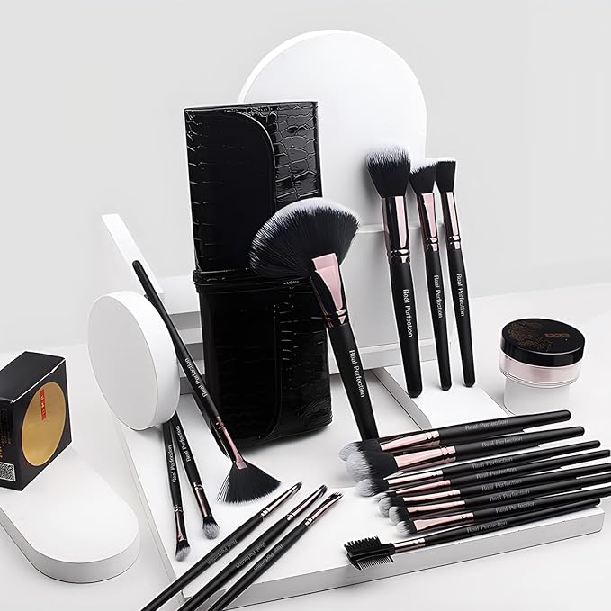 Real Perfection Makeup Brushes 24pcs Makeup Brush Set Premium Synthetic Powder Foundation Contour Blush Concealer Eye Shadow Blending Liner Make Up Brush Kit with Case