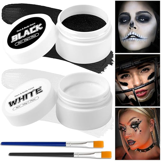 TonJin Black + White Face Body Paint Set 3.5oz/100g, Non-Toxic Professional Facepaint Makeup Kit with 2 Brushes for Kids & Adults Art Theater Halloween Party Cosplay Clown Corpse Goth SFX Makeup
