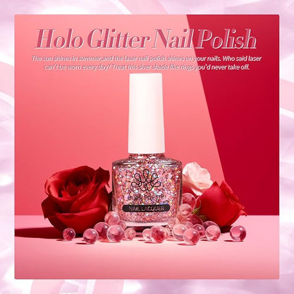 Born Pretty Holographic Nail Polish Rose Gold Glitter Sequins Nail Polish 10ML, Fast Drying Up to 7 Days of Wear, Sparkle Fingernail Polish for Women Girls