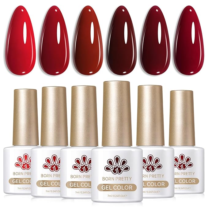 Born Pretty Red Gel Nail Polish Fall Winter 6 Colors Dark Red Burgundy Blood Cherry Wine Red Gel Nail Polish Soak Off Gel Polish Nail Art Design Manicure Salon DIY Home 7ml