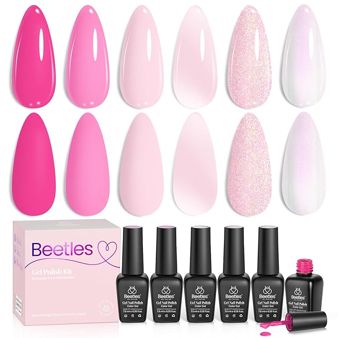 Beetles Pink Gel Nail Polish Set – Blush Cotton 6 Colors Gel Polish, Nude Baby Pink Rose Glitter Jelly Long Lasting Soak Off UV LED Manicure Kit Gift for Women Back to School Nails