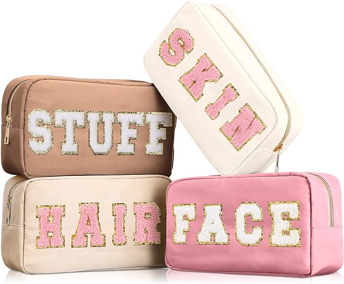 Cunno 4 Pcs Preppy Makeup Bags Chenille Letter Stuff Bag Nylon Cosmetic Pouch Cases with Zipper for Women Travel Toiletry