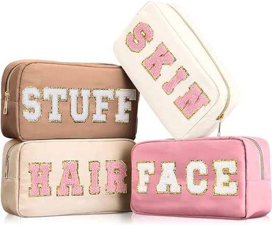 Cunno 4 Pcs Preppy Makeup Bags Chenille Letter Stuff Bag Nylon Cosmetic Pouch Cases with Zipper for Women Travel Toiletry