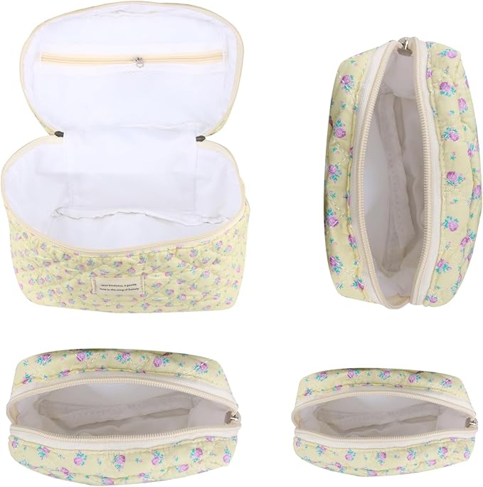 VIWIME Makeup Cosmetic Bag, Large Cotton Quilted Travel Coquette Aesthetic Cute Floral Make up Bag for Women Toiletry Bag Organizer(Purple Rose/4Pcs)