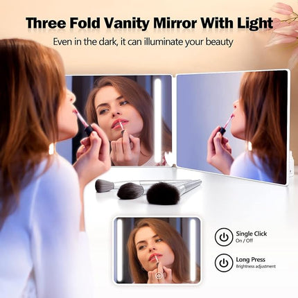 JANMPASK LED 3 Way Mirror for Self Hair Cutting Vanity Mirror Barber Supplies Accessories 360 Makeup with Light Trifold Mirror to See Back of Head (White with Light)