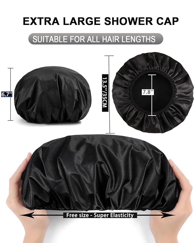 YIZIJIZI Terry Lined Shower Cap,Triple Layer Large Cap for Women,Shower Cap Reusable Waterproof,Long Thick Hair(Black)