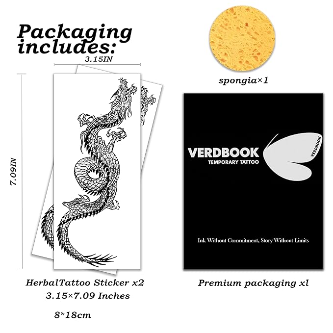 Waterproof Temporary Tattoos: 2-Sheet Tattoo Kit with Realistic Body Stickers, Semi-Permanent Tattoos for Adults Lasting 7-15 Days – Safe for Men & Women, Fierce Dragon Pattern