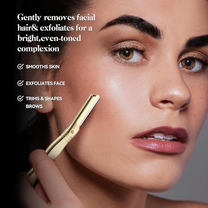 Eyebrow Razor for Women and Men, Face Razors for Women, Dermaplane Razor with Protective Silicone Cover, Reusable Metal Handle with 6 Refill Blades, Skin Care Tool - Shiny Gold