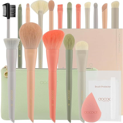 Docolor Makeup Brushes 17+2 Pcs with Makeup Bag and Makeup Sponge and Brush Protector Morandi Makeup Brush Set Premium Synthetic hair makeup brush Wooden handle Gift Box