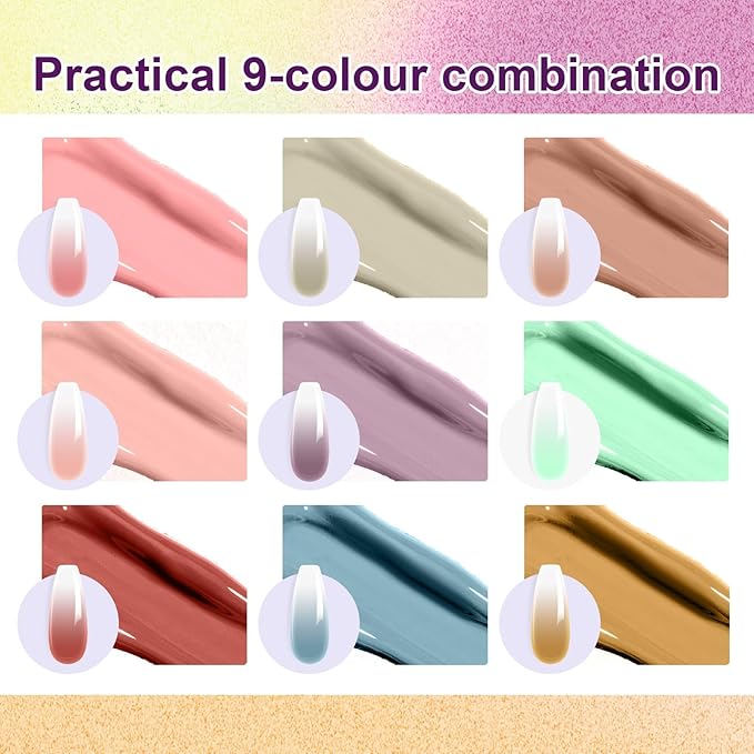 Gradient Painting Gel, 9 Colors Ombre Gel Nail Polish Almond Nude Cream Grey for Pigment Pat Kit Aura Nails French Manicure Soak Off UV Home Salon Monet's Garden