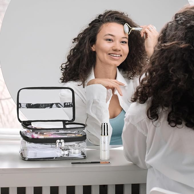 HAOGUAGUA Double Layer Clear Cosmetic Bag Makeup Bag, Waterproof Travel Toiletry Bag, Transparent PVC Pouch Organizer (Black-large)