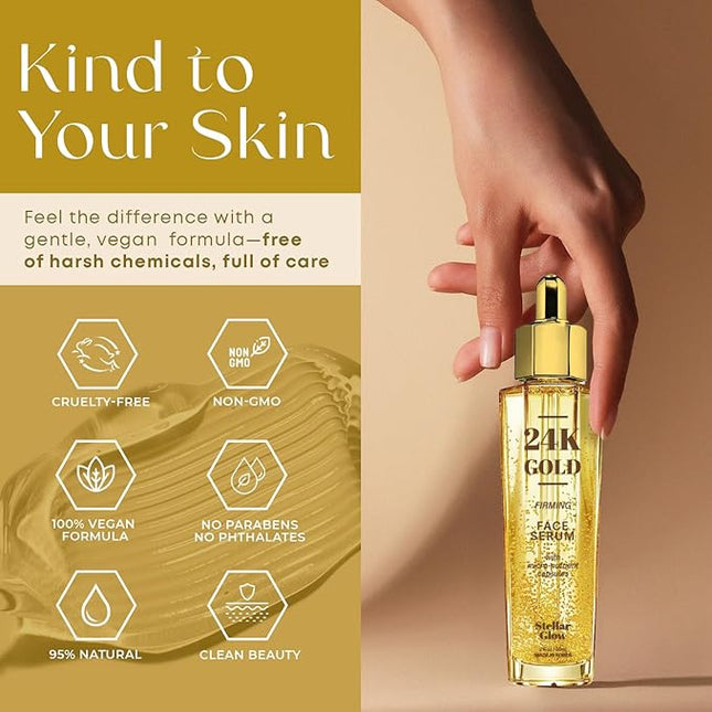 Stellar Glow 24K Gold & Hyaluronic Acid Serum For Face - Dermatologist Tested, Anti-Aging Skin Care, Ultra Hydrating for Blemishes, Dry & Acne-Prone Skin - Korean, Vegan, Clean Beauty - 2 FL. Oz