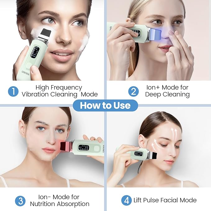 UNIWA Skin Scrubber Face Spatula, Skin Scrubber Pore Cleaner Blackhead Remover Tool for Deep Facial Cleansing - 4 Modes, Face Spatula with USB Charger, LCD Display, IPX7 Waterproof -Green