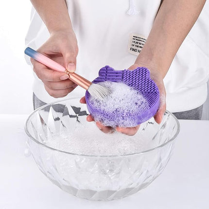 Silicon Makeup Brush Cleaner Mat with Brush Drying manual Make up brush cleaner cleanser machine Cosmetic Brush Cleaning Pad+Makeup Brush Dry Cleaned Quick Color Removal Sponge Scrubber Tool(Purple)