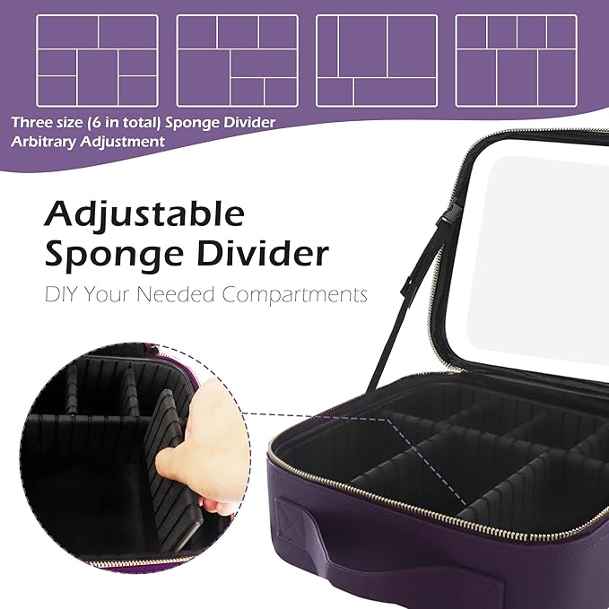 MOMIRA Travel Makeup Bag Cosmetic Bag Makeup Organizer Bag with Lighted Mirror, Adjustable Brightness in 3 Color Scenarios, Waterproof Makeup Train Case, Gift for Women - Deep Purple
