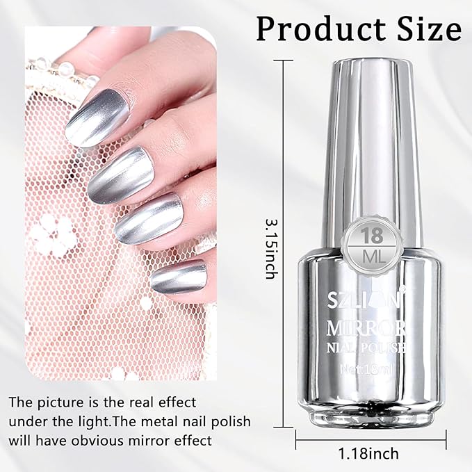 SIUSIO 18ml Mirror Nail Polish, Bright Colorful Metallic Nail Polish for Nail Art, Longlasting Mirror Effect Nail Glue, Gorgeous Reflective Manicure Nail Lacquers, 0.61 fl oz-Silver