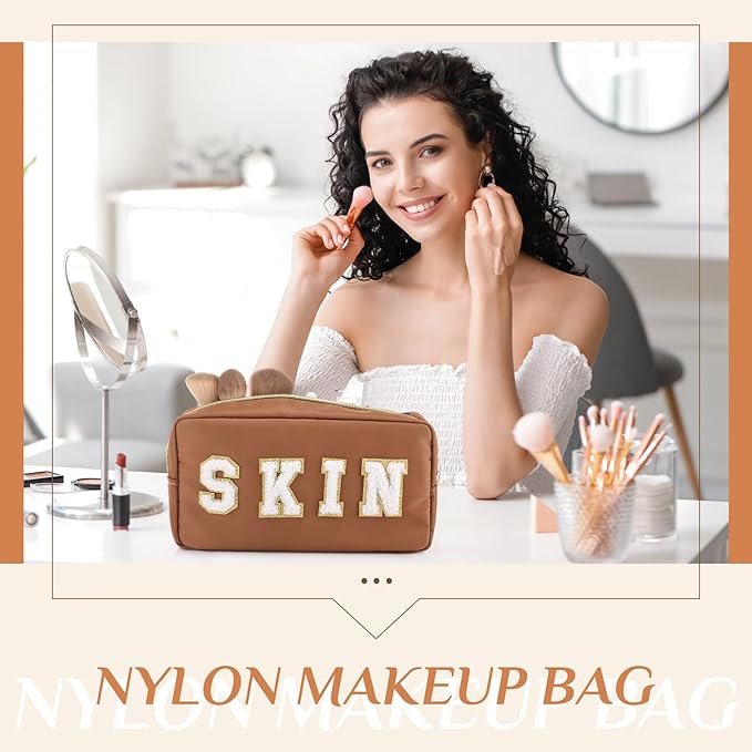 Cunno 4 Pcs Preppy Makeup Bags Chenille Letter Stuff Bag Nylon Cosmetic Pouch Cases with Zipper for Women Travel Toiletry