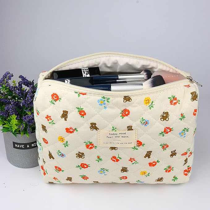 VIWIME Makeup Cosmetic Bag, Large Cotton Quilted Travel Coquette Aesthetic Cute Floral Make up Bag for Women Toiletry Bag Organizer(Bear/2Pcs)