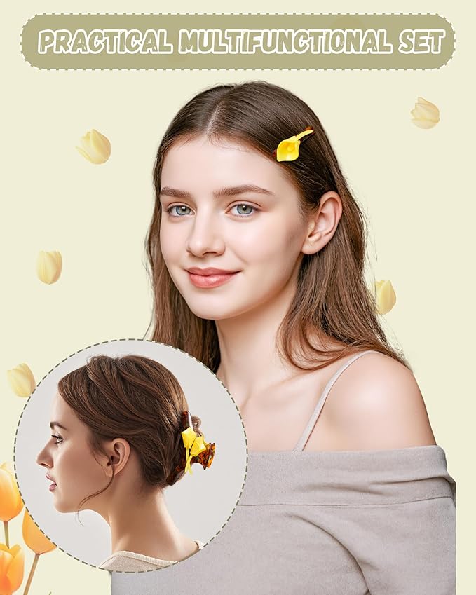 ACECHA Tulip Flower Acrylic Hair Clip Set, 6 Piece Large Claw Clips & No Crease Hair Clips for Thin and Thick，Non-Slip Hair Grip Hairclips for Makeup, Salon, Strong Hold Jaw Clamps (Black & Coffee)