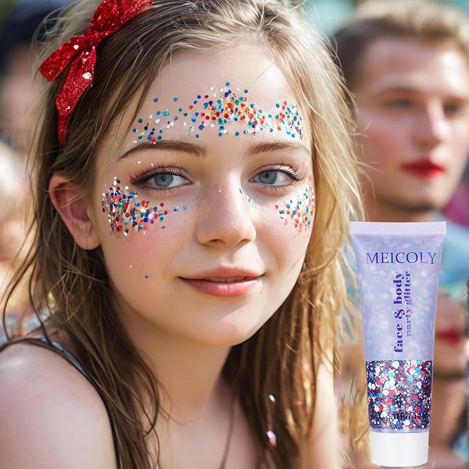 MEICOLY Red White and Blue Body Glitter,4th of July Accessories Hair Glitter for Kids,4th of July Outfits for Women,Fourth of July Patriotic Face Glitter for President's Day Veterans Day