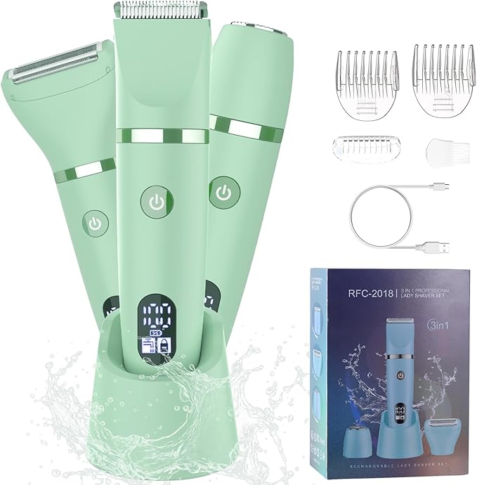 3-in-1 Electric Razor IPX7 Waterproof Bikini Trimmer Wet & Dry Use Painless Personal Trimmer Groomer for Ladies Face Body Legs Bikini Public Hairs Electric Lady Shaver with Replaceable Heads