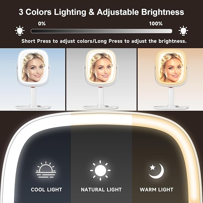 Mocado Makeup Mirror with Lights, 1X/20X Magnifying Mirror with Light, Vanity Mirror with 3 Colors Lights, Height Adjustable Lighted Makeup Mirror, Double Sided 360°Rotation, Memory Function (White)