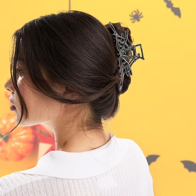 3 Pcs Halloween Hair Claw Clips Hair Accessories for Women Girls, Gothic Black Metal Spider Large Medium Size Catch Clips for thick Hair Styling Tool Holiday Gifts(Black Gun)