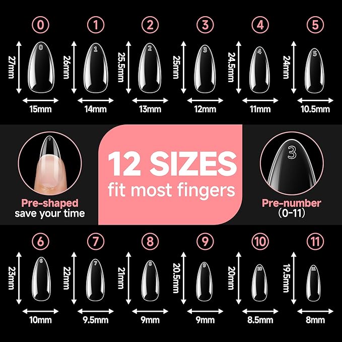 UNA GELLA Almond False Nails, 504pcs Soft Gel Tips, Clear, Medium, 12 Sizes, for Nail/Dip/Poly Extensions, Press On Nails